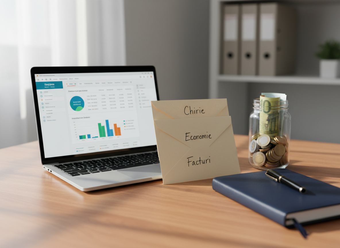 A neatly arranged wooden desk with a sleek silver laptop open to a colorful budgeting dashboard, surrounded by a stack of organized paper envelopes labeled „Chirie”, „Economie”, and „Facturi”. A slim glass jar filled with assorted coins and a few crisp banknotes sits beside a dark blue leather notebook with a fine-tip pen resting on top. Soft natural morning light enters from the left, casting gentle shadows and subtle reflections on the smooth desk surface. The background is softly blurred, hinting at minimalist shelves with a few neutral-toned binders. Photographic realism, eye-level composition with shallow depth of field, clean and modern atmosphere that feels calm, professional, and focused on financial order and clarity.
