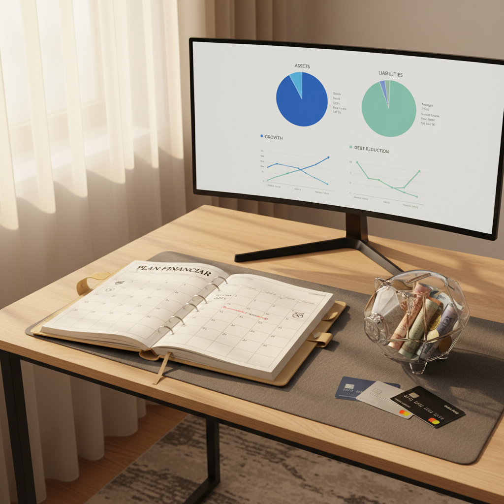 A stylish, modern home office corner with a matte black monitor displaying a detailed but clean investment portfolio overview, complete with pie charts and line graphs in calm blues and greens. On the light oak desk lies an open, cream-colored planner with a monthly calendar titled „Plan Financiar”, marked with savings and debt payoff milestones. A transparent piggy bank filled halfway with colorful banknotes sits near a small stack of credit cards aligned on a dark felt pad. Golden hour sunlight filters through a sheer curtain, casting warm, diagonal lines of light and soft shadows. Photographic realism, slightly elevated angle, sharp focus throughout, professional yet approachable atmosphere that suggests long-term planning and putting money to work wisely.