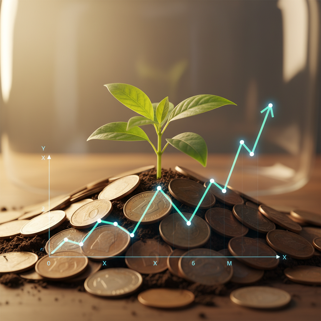 A young plant grows from a pile of coins with an upward-trending line graph overlay.