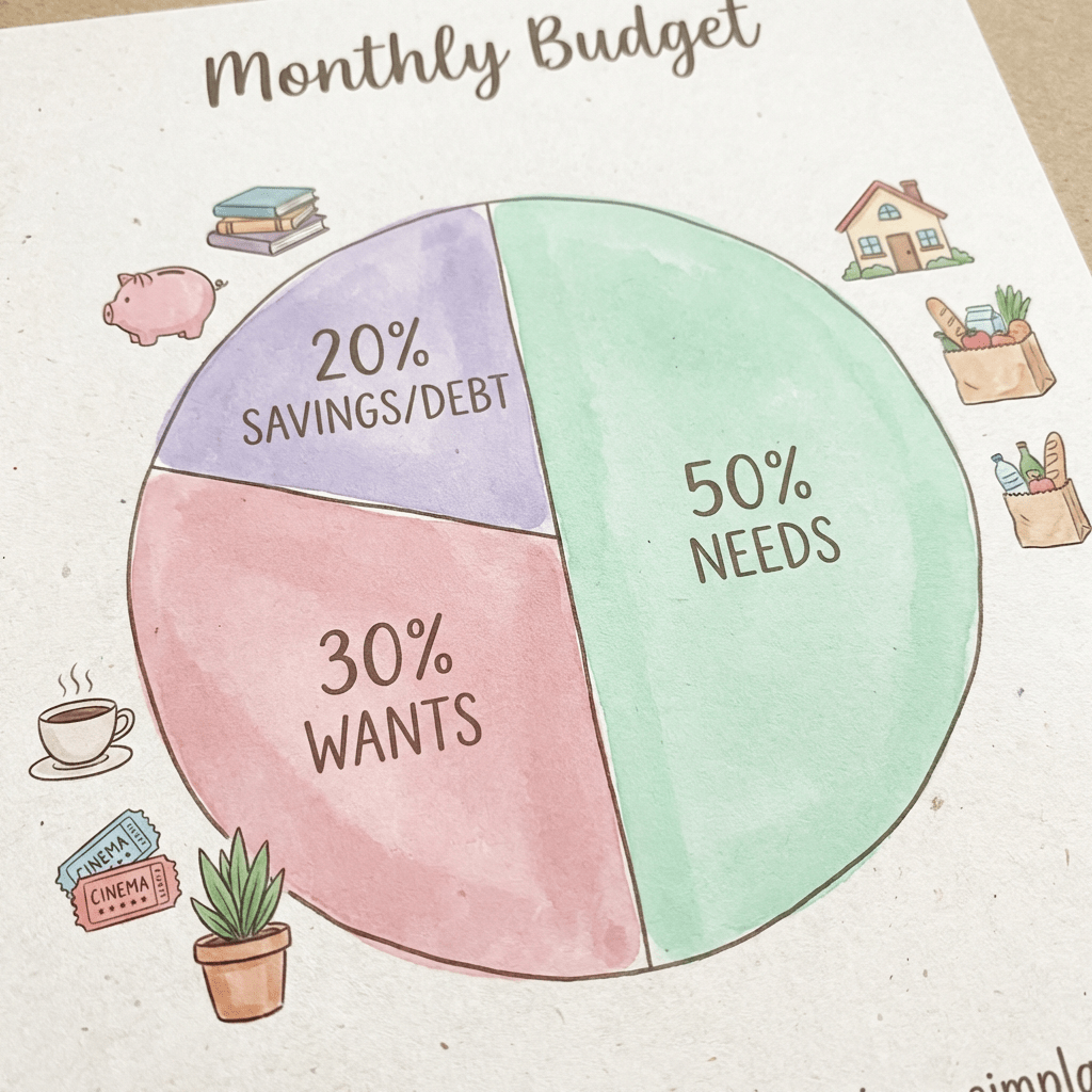 Monthly Budget pie chart showing 50% NEEDS, 30% WANTS, and 20% SAVINGS/DEBT with illustrative icons.